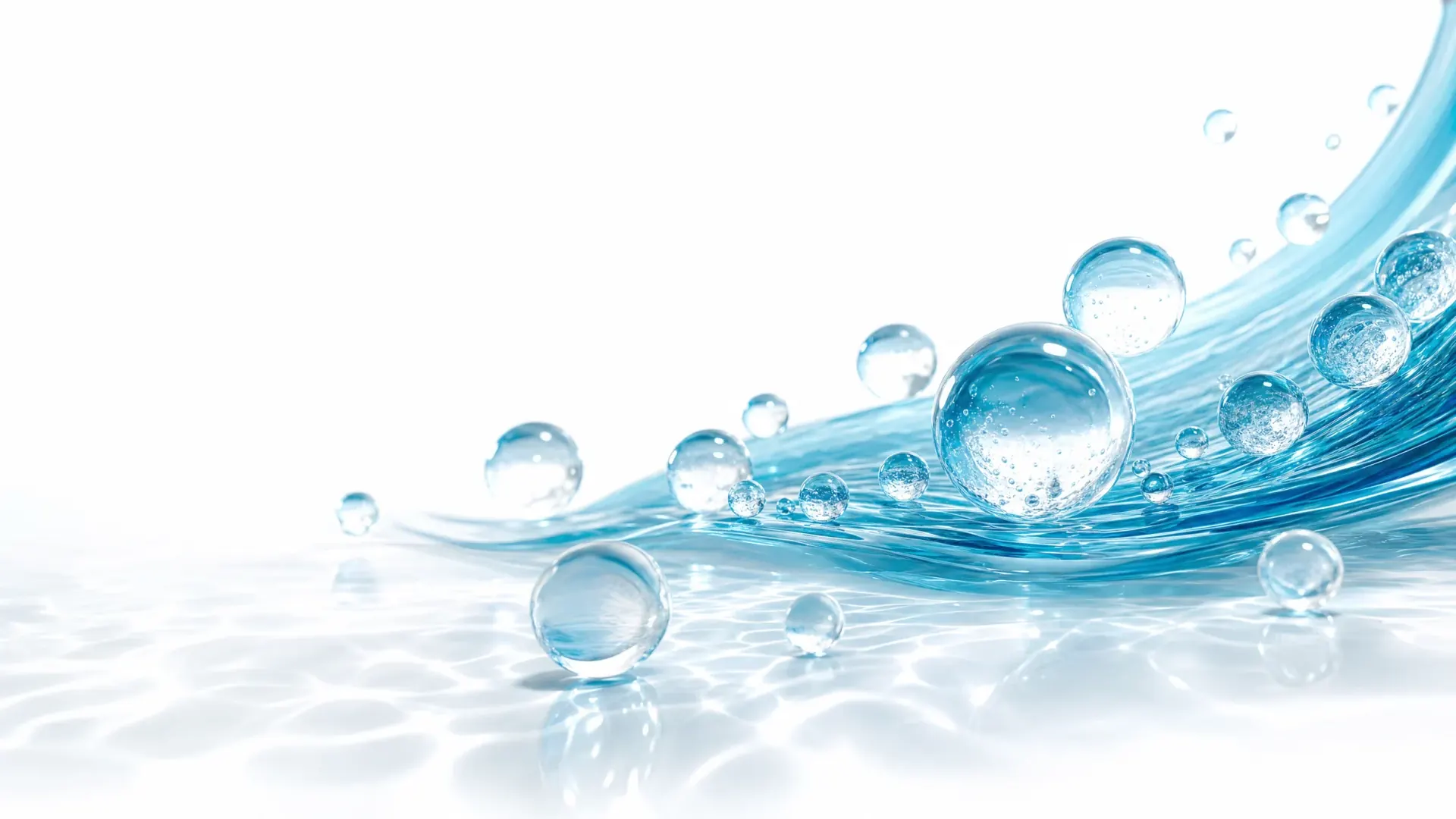 Ola líquida aguamarina con esferas de vidrio y cáusticas de agua sobre blanco brillante
